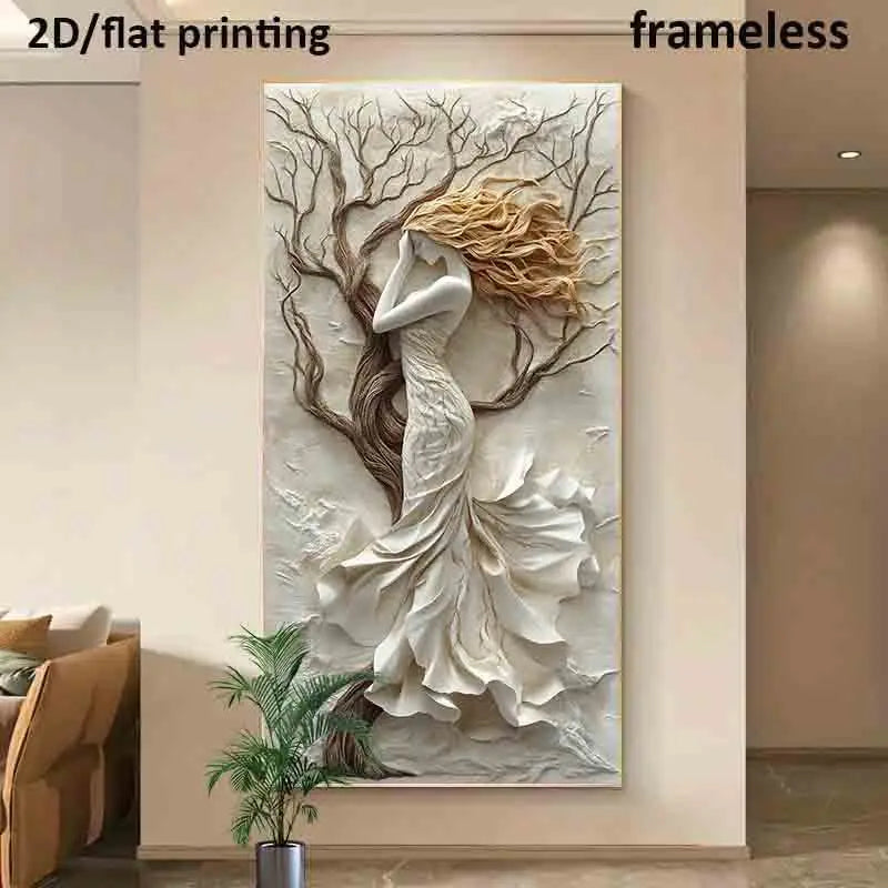 A large vertical wall art print or canvas showing a sculptural white female figure with flowing light brown hair and dark tree branches, displayed in a beige interior hallway with a plant nearby. Text at the top reads '2D/flat printing' and 'frameless'.