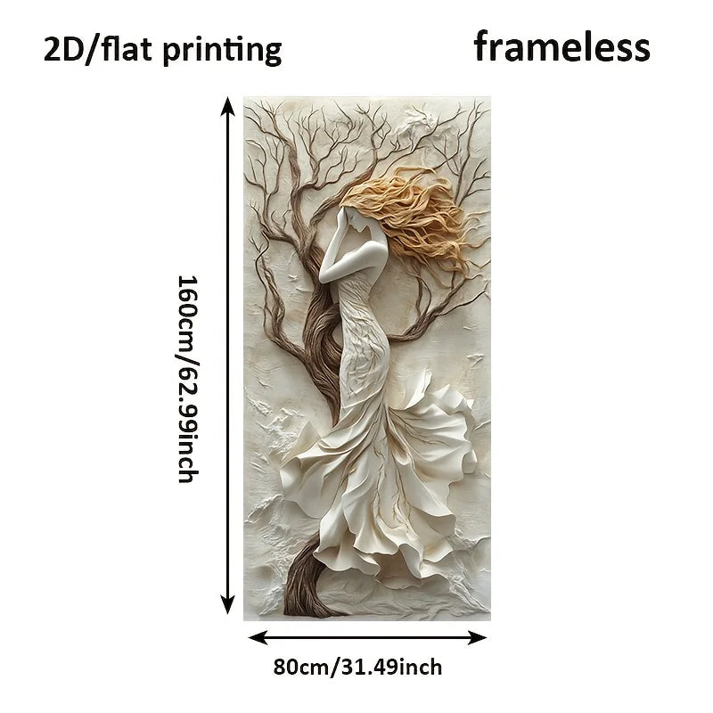 A framedless wall art print showing a sculptural female figure with flowing hair and tree branches, with dimension arrows and text indicating 160cm height, 80cm width, and 2D flat printing on a white background.