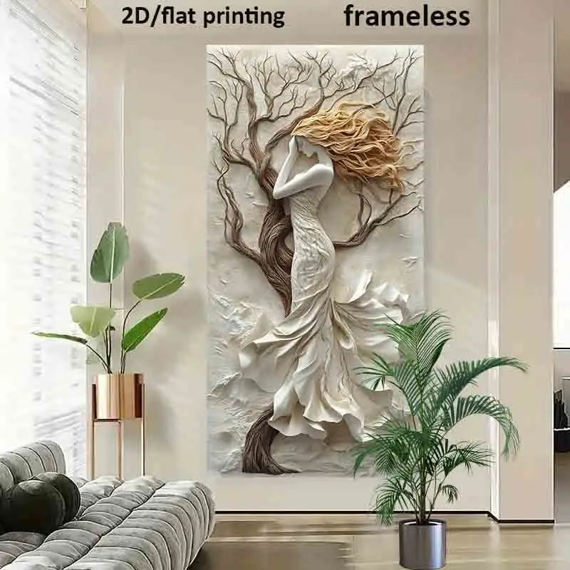 A large framedless wall art piece featuring a sculptural white flowing dress figure with brown branches and golden hair, displayed in a modern living room setting with a sofa and potted plants.