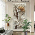 A large framedless wall art piece featuring a sculptural white flowing dress figure with brown branches and golden hair, displayed in a modern living room setting with a sofa and potted plants.