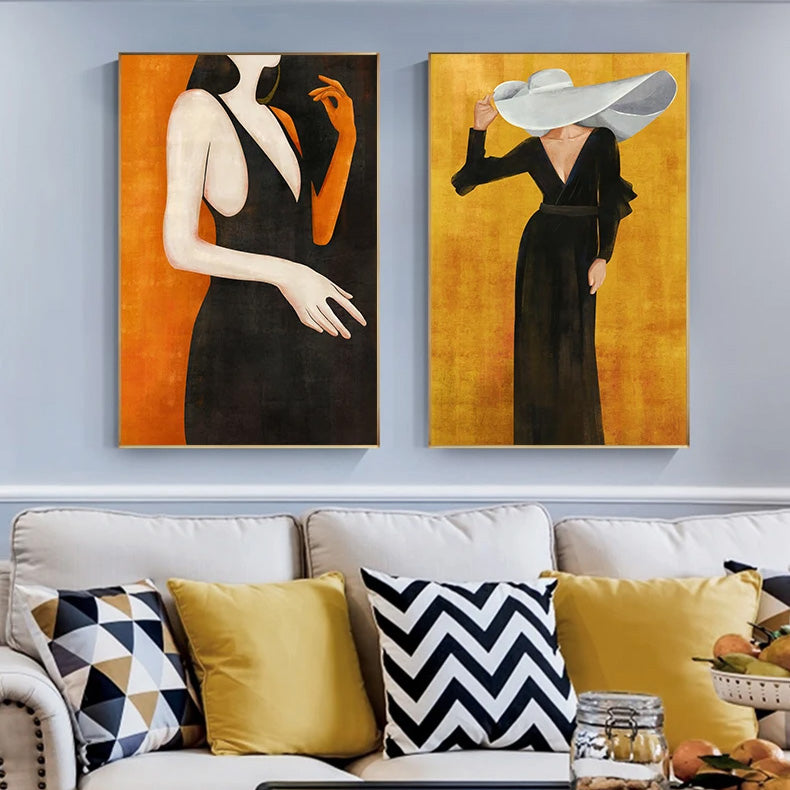 Girl In Black Dress Big Hat Fashion Wall Art Fine Art Canvas Prints - Modern Abstract Fashion Art For Living Room Boutique Salon Art Decor