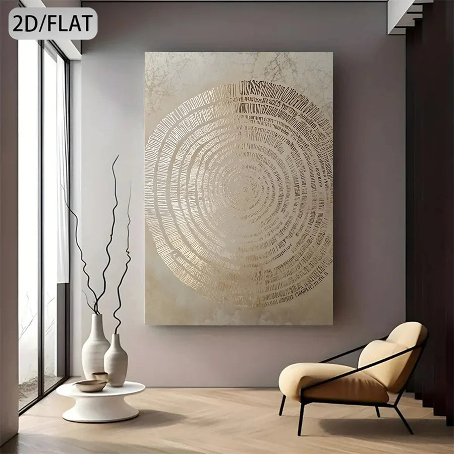 Gold Tree Ring Wall Art – Metallic Circular Wood Grain Pattern Design – Modern Neutral Unframed Canvas Print for Minimalist Living Room & Contemporary Home Deco