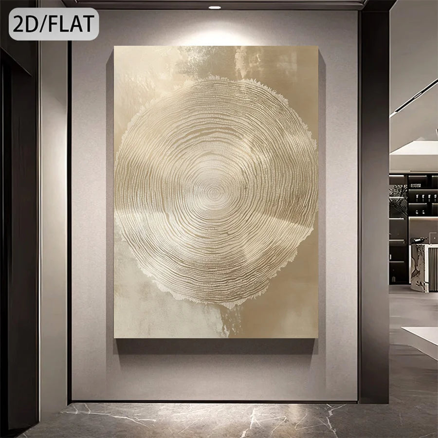 Large vertical abstract wall art featuring concentric circular wood-grain-like lines in warm beige and cream tones, displayed in a modern interior hallway with wall lighting and a dark side panel.