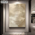 Large vertical abstract wall art featuring concentric circular wood-grain-like lines in warm beige and cream tones, displayed in a modern interior hallway with wall lighting and a dark side panel.