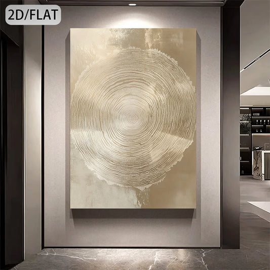 Large vertical abstract wall art featuring concentric circular wood-grain-like lines in warm beige and cream tones, displayed in a modern interior hallway with wall lighting and a dark side panel.