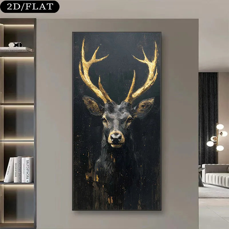 A vertical canvas wall art print depicting a black deer with large golden antlers, shown hanging on a beige wall in a modern living room setting.