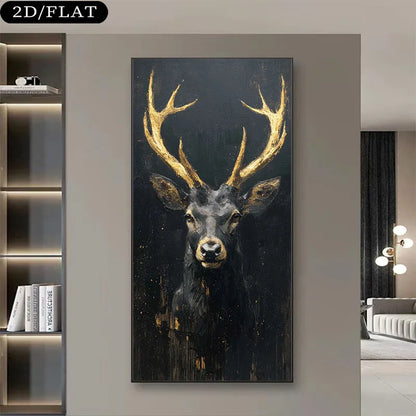 A vertical canvas wall art print depicting a black deer with large golden antlers, shown hanging on a beige wall in a modern living room setting.
