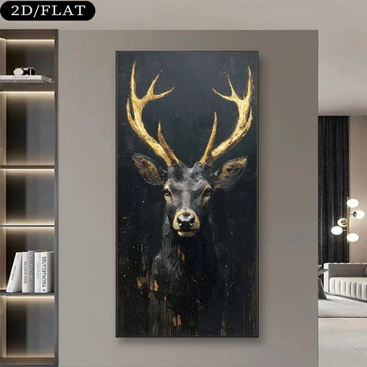 A vertical canvas wall art print depicting a black deer with large golden antlers, shown hanging on a beige wall in a modern living room setting.