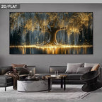 A large rectangular wall art piece showing a glowing tree with golden light effects reflected in water, displayed above a modern gray sofa in a styled living room. 