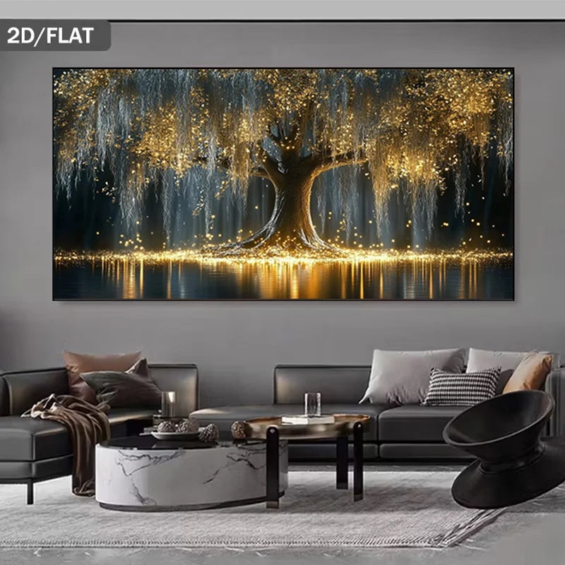 A large rectangular wall art piece showing a glowing tree with golden light effects reflected in water, displayed above a modern gray sofa in a styled living room. 