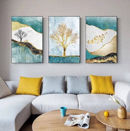 Golden Birds Butterfly Tree Auspicious Wall Art Fine Art Canvas Prints - Light Luxury Abstract Landscape Pictures For Living Room Dining Room Art For Modern Interiors