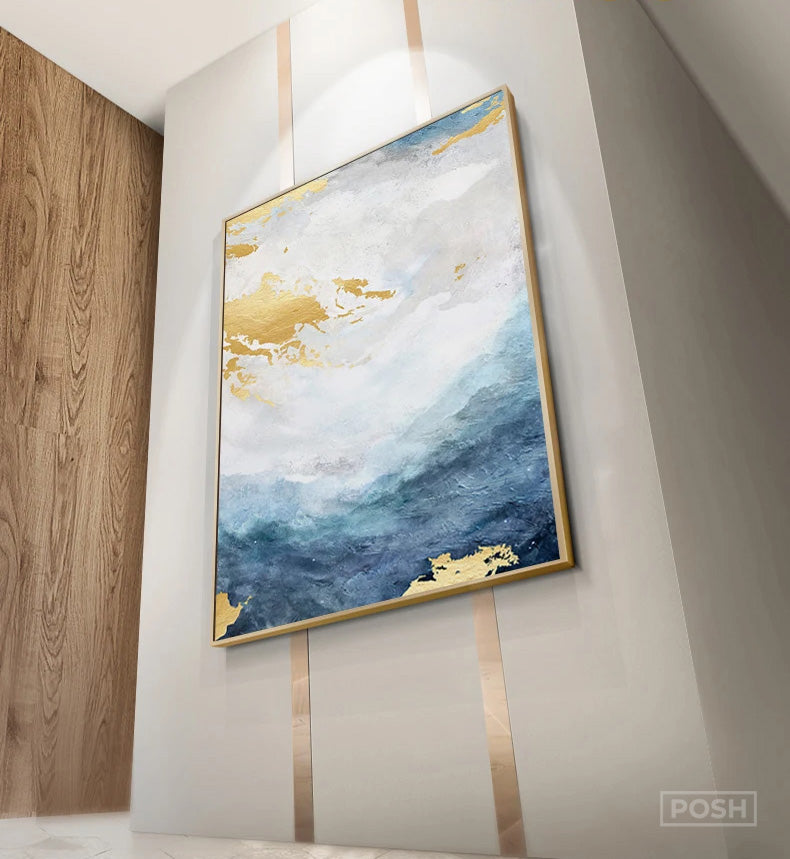 Golden Blue Marble Print Wall Art Fine Art Canvas Prints - Chic Abstract Pictures For Living Room Dining Room Home Office Art Decor