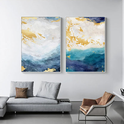 Golden Blue Marble Print Wall Art Fine Art Canvas Prints - Chic Abstract Pictures For Living Room Dining Room Home Office Art Decor