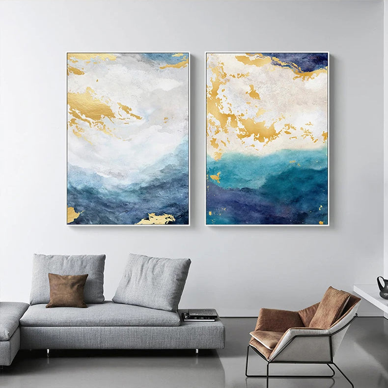 Golden Blue Marble Print Wall Art Fine Art Canvas Prints - Chic Abstract Pictures For Living Room Dining Room Home Office Art Decor