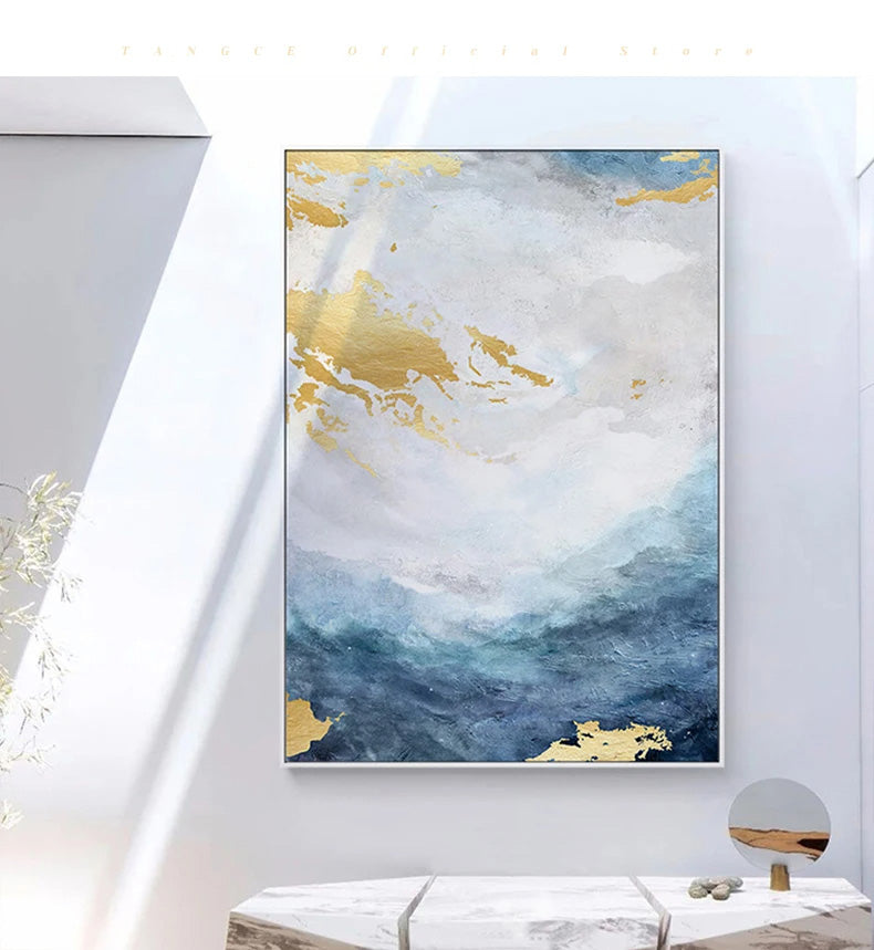 Golden Blue Marble Print Wall Art Fine Art Canvas Prints - Chic Abstract Pictures For Living Room Dining Room Home Office Art Decor