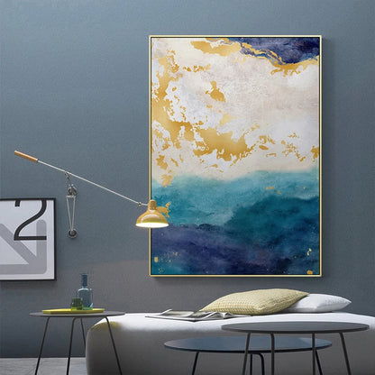 Golden Blue Marble Print Wall Art Fine Art Canvas Prints - Chic Abstract Pictures For Living Room Dining Room Home Office Art Decor