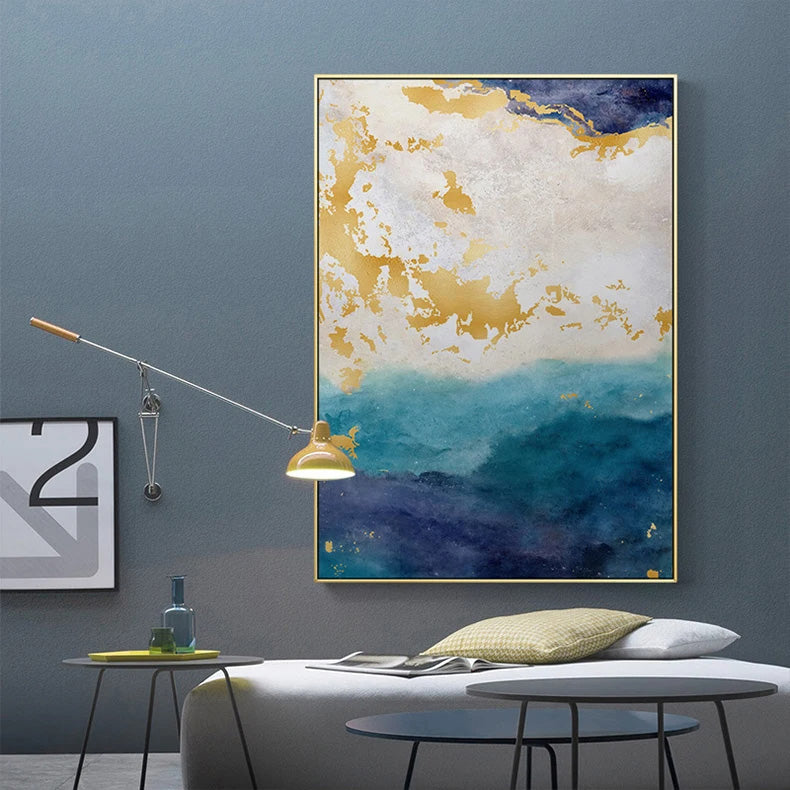 Golden Blue Marble Print Wall Art Fine Art Canvas Prints - Chic Abstract Pictures For Living Room Dining Room Home Office Art Decor