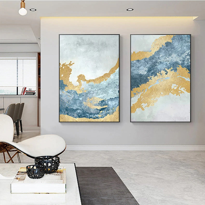 Golden Blue Marble Print Wall Art Fine Art Canvas Prints - Chic Abstract Pictures For Living Room Dining Room Home Office Art Decor