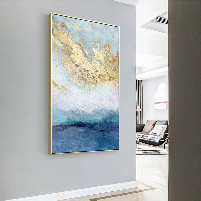Golden Blue Marble Print Wall Art Fine Art Canvas Prints - Chic Abstract Pictures For Living Room Dining Room Home Office Art Decor