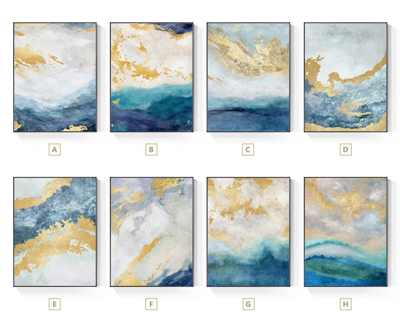 Golden Blue Marble Print Wall Art Fine Art Canvas Prints - Chic Abstract Pictures For Living Room Dining Room Home Office Art Decor