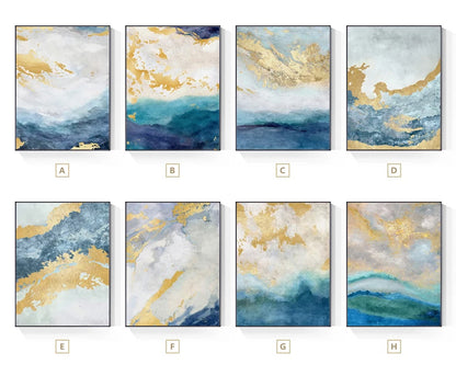 Golden Blue Marble Print Wall Art Fine Art Canvas Prints - Chic Abstract Pictures For Living Room Dining Room Home Office Art Decor