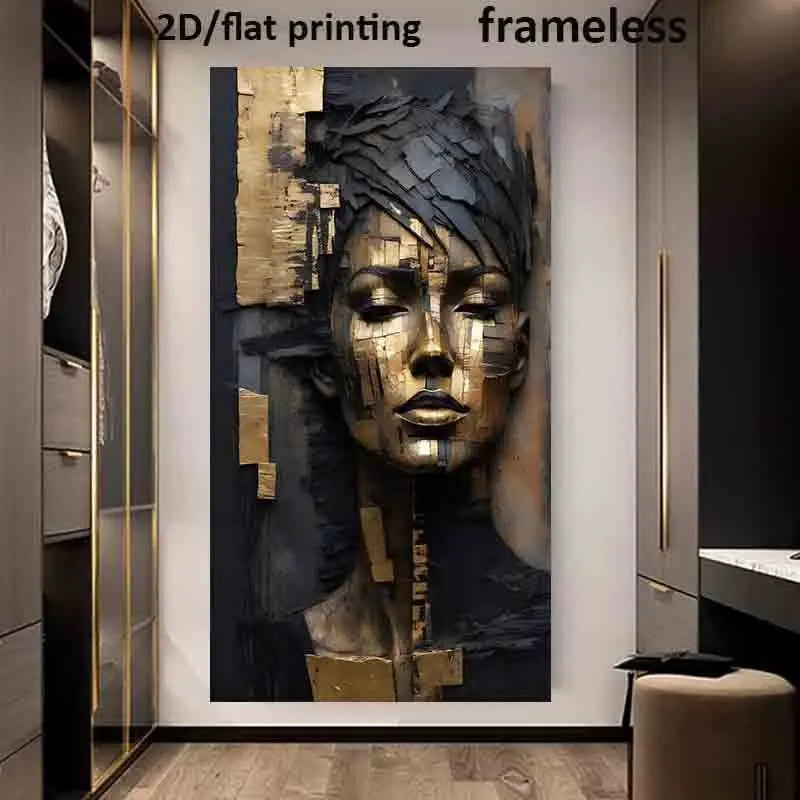 Golden & Charcoal Abstract Face Beauty Wall Art – Modern Textured Metallic Portrait Design  Contemporary Canvas Print Artwork for Luxury Hallway & Salon Art Decor