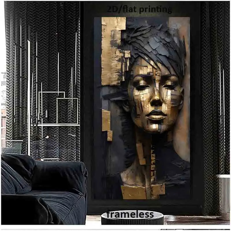 Golden & Charcoal Abstract Face Beauty Wall Art – Modern Textured Metallic Portrait Design  Contemporary Canvas Print Artwork for Luxury Hallway & Salon Art Decor