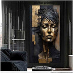 Golden & Charcoal Abstract Face Beauty Wall Art – Modern Textured Metallic Portrait Design  Contemporary Canvas Print Artwork for Luxury Hallway & Salon Art Decor