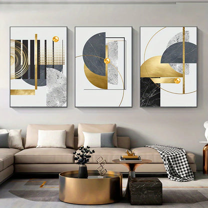 Golden Grey Abstract Geometric Wall Art Fine Art Canvas Prints - Modern Artworks For Apartment Living Room Dining Room Bedroom Art For Contemporary Interiors