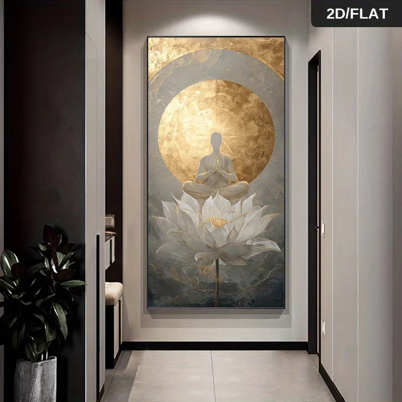 A vertical wall art print or canvas hanging in a hallway, featuring a seated meditating figure inside a large gold circular halo above a white lotus flower. The artwork is shown in a modern interior setting with dark walls, light flooring, and a plant at the left.