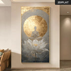 A vertical wall art print showing a seated meditating figure in front of a large lotus flower, with a glowing gold circular backdrop and textured gold leaf-like areas. The artwork is displayed on an interior wall above a sofa, with a '2D/FLAT' label in the top-right corner.