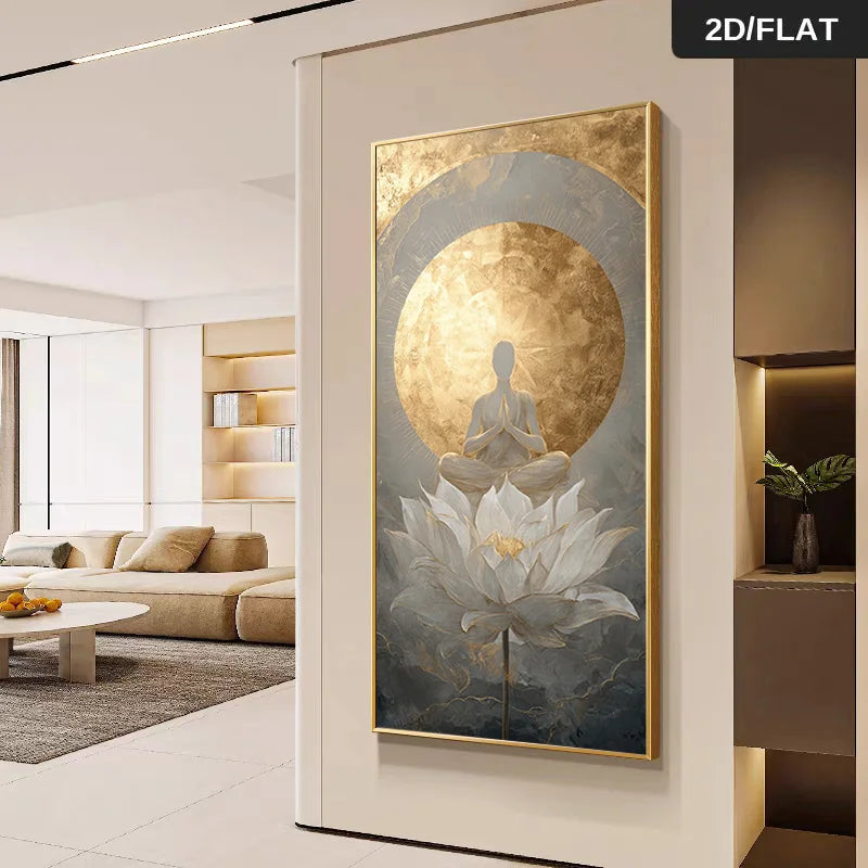 A vertical framed wall art print featuring a seated meditating figure in front of a large white lotus flower and glowing gold circular backdrop, displayed on a beige wall in a modern living room interior. A '2D/FLAT' label appears in the top-right corner.