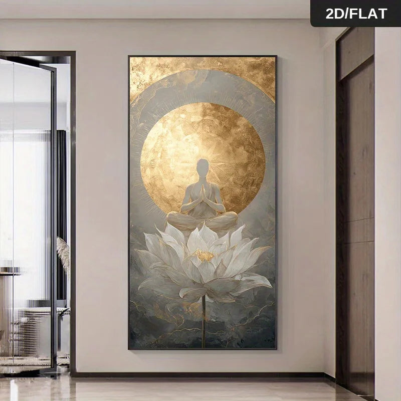 A vertical wall art print showing a seated meditating figure in front of a large gold circular halo and white lotus flower, displayed on a beige wall in an interior hallway. A small badge in the top-right reads “2D/FLAT.