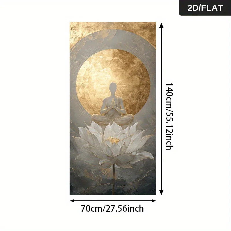 A vertical wall art print showing a meditating figure in front of a large lotus flower, with a glowing gold circular backdrop and textured gold and gray tones. Measurement labels indicate 70cm/27.
