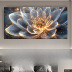 A large rectangular wall art print showing a glowing blue-gray flower with bright gold highlights, displayed above a bed in a modern bedroom setting.