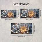 Size chart showing three rectangular wall art prints with a glowing blue and gold floral design, labeled with dimensions 100x50 cm, 120x60 cm, and 140x70 cm on a light textured background.