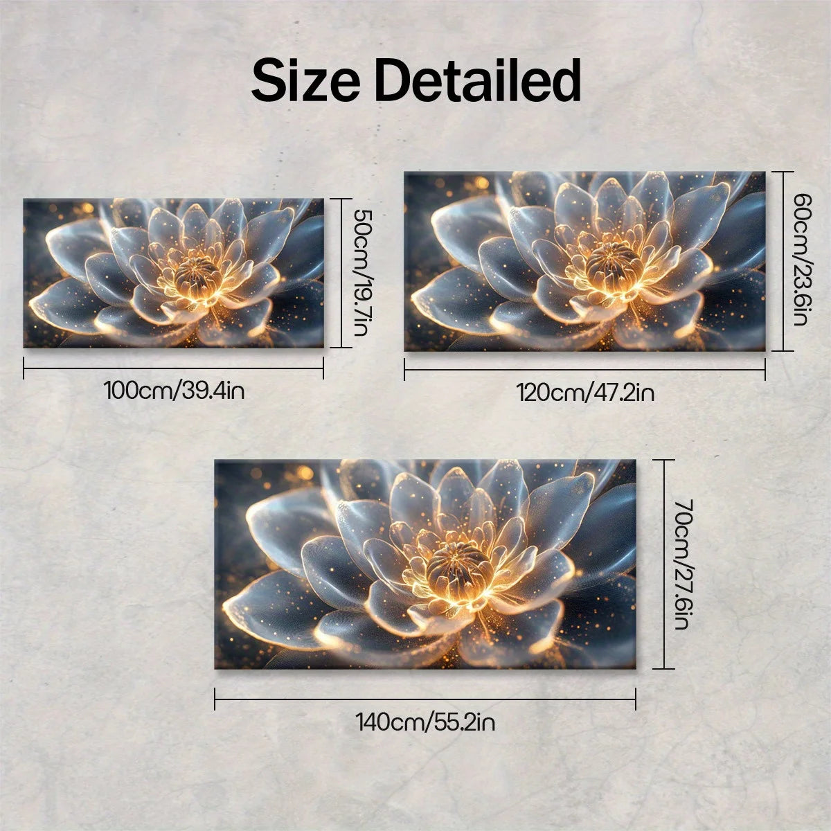Size chart showing three rectangular wall art prints with a glowing blue and gold floral design, labeled with dimensions 100x50 cm, 120x60 cm, and 140x70 cm on a light textured background.