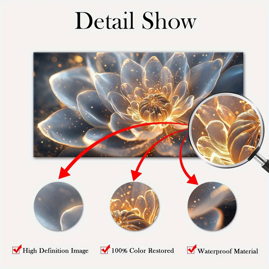 A promotional detail graphic for a wall art print showing a glowing abstract lotus flower. The main print is centered, with a magnifying-circle inset and three circular detail crops connected by red arrows, under the heading 'Detail Show.
