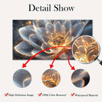 A promotional detail graphic for a wall art print showing a glowing abstract lotus flower. The main print is centered, with a magnifying-circle inset and three circular detail crops connected by red arrows, under the heading 'Detail Show.