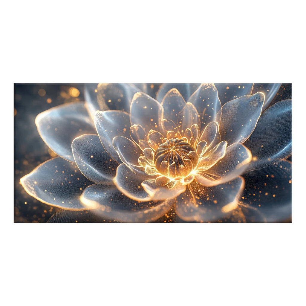 A rectangular wall art print featuring a glowing succulent flower with translucent blue-gray petals and a bright golden center, shown against a plain white background.