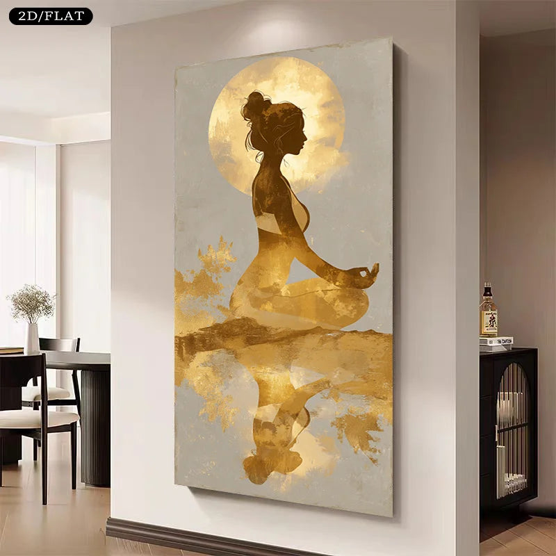 A vertical canvas wall art print featuring a meditating woman silhouette in gold against a pale gray background, displayed on a wall in a modern interior setting.