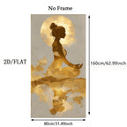 A wall art print or decal showing a seated meditating figure in gold over a muted gray background, with dimension labels indicating 160cm tall by 80cm wide and text reading 'No Frame', '2D/FLAT', and inch measurements.