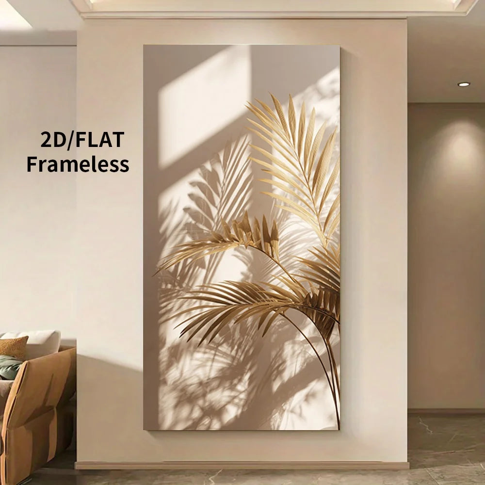 A large vertical wall art print showing stylized gold palm leaves cast in shadow on a beige background, displayed in a modern interior setting.