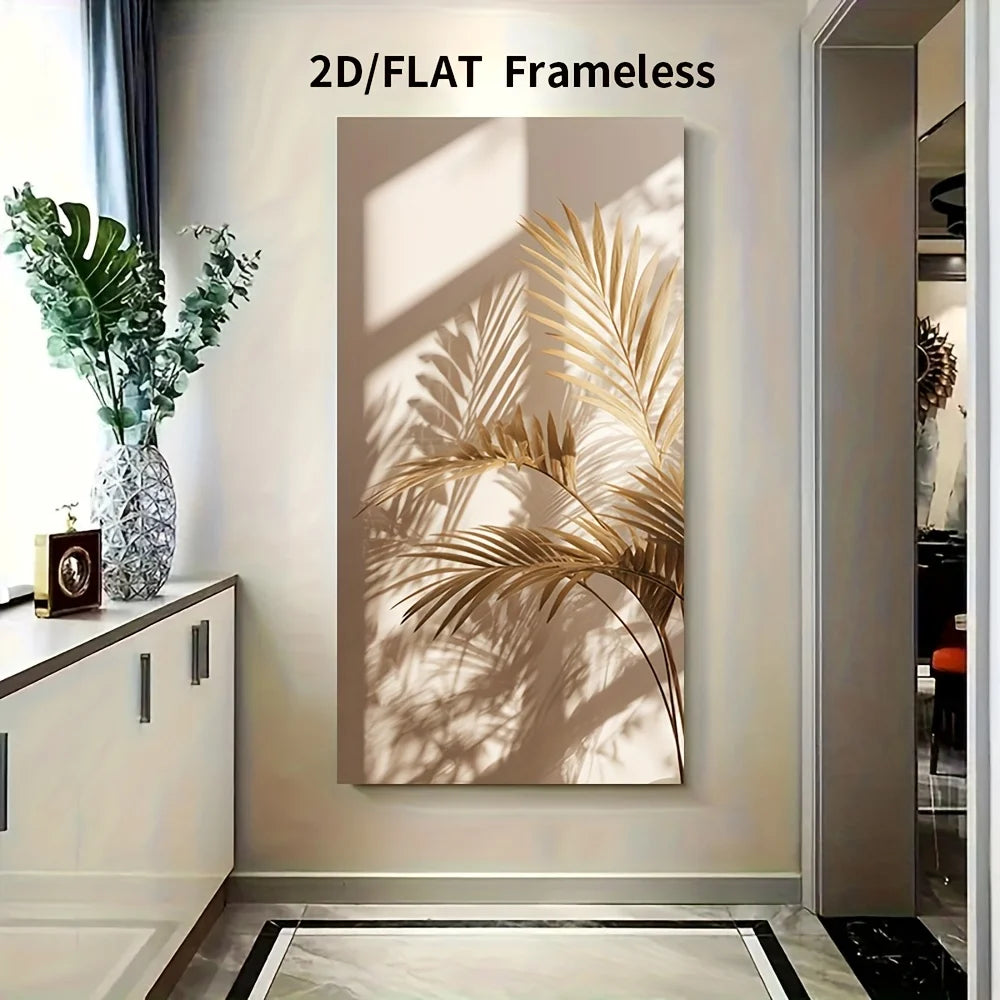 A vertical frameless canvas wall art print featuring a stylized golden palm leaf design with realistic shadow overlays, displayed on a beige wall in a modern hallway setting.