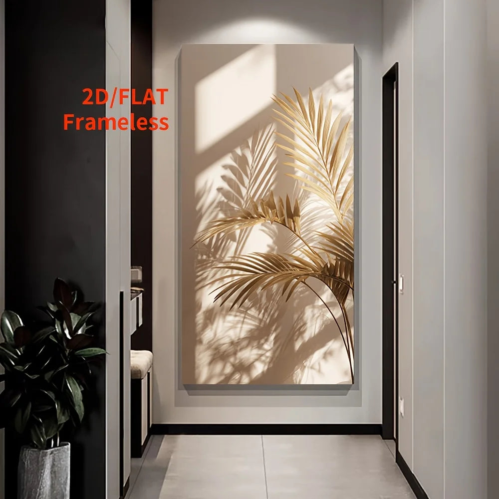 A tall vertical wall art piece showing a stylized gold palm leaf design with realistic shadow effects, displayed in a modern hallway setting.