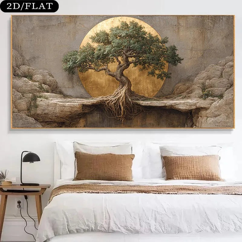 A large wall art piece displayed above a bed in a bedroom. The artwork shows a gnarled tree of life with exposed roots growing over a rocky ledge, set against a textured gray background with a large gold circular backdrop.
