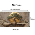 A wall art print or mural preview labeled 'No Frame' showing a bonsai-style tree in front of a large gold circle, with dimension arrows indicating 160 cm by 80 cm and the text '2D/FLAT'.