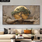 A large rectangular wall art print showing a bonsai-style tree in front of a golden circular backdrop, displayed above a beige sofa in a modern living room. A black badge in the top-left corner reads '2D/FLAT'.
