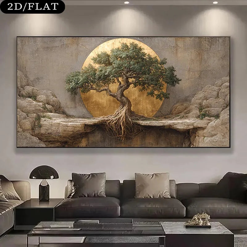A large framed wall art piece displayed above a dark sofa in a modern living room. The artwork shows a stylized green tree with exposed roots set against a large gold circular backdrop and rocky beige surroundings.