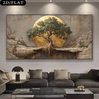 A large framed wall art piece displayed above a dark sofa in a modern living room. The artwork shows a stylized green tree with exposed roots set against a large gold circular backdrop and rocky beige surroundings.